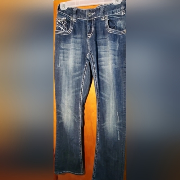 Rock and Roll Cowgirl Jeans size 30x34  Dark Denim Blue Bling Low Rise - Picture 1 of 8